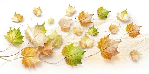 Autumnal leaves dancing on a gentle breeze, swirling and floating in an ethereal display of nature's artistry.