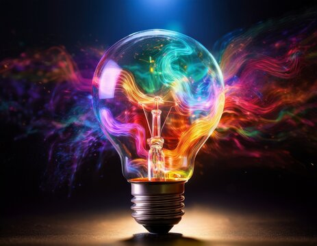 a vibrant colorful lightbulb radiating energy and creativity glows brightly against a dark background surrounded by swirling light particles
