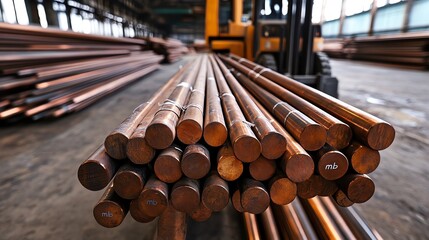 Bottom up view of copper and bronze round bars