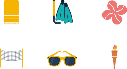 Simple summer icons with flippers goggles flower sunglasses sunhat and torch in clean flat design   © RA Studio