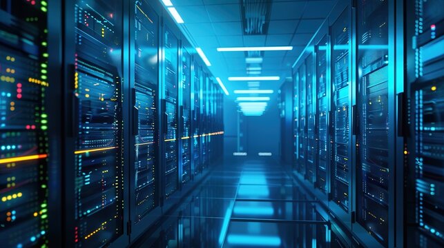 Data Center Server Room Background: High-Tech Infrastructure, Cooling Systems, and Networking Environments