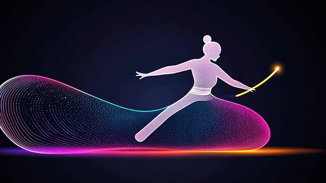 Abstract digital art of a figure performing an action, vibrant colors and glowing lines