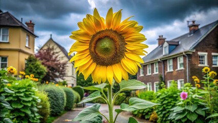 A vibrant sunflower stands tall, its radiant yellow petals contrasting against a backdrop of charming residential buildings and lush green foliage.