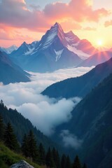 Ethereal mist clinging to mountain peaks at sunrise, creating a breathtaking spectacle of condensed clouds resembling a celestial kingdom , tranquil, peaceful
