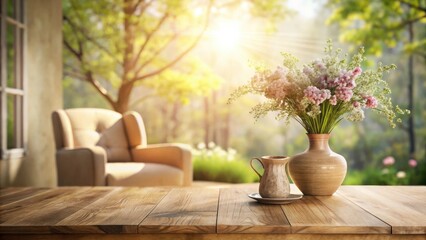Serene spring scene of a wooden table, a bouquet of wildflowers in a vase, a small creamer, and a softly blurred armchair in a sun-drenched garden setting