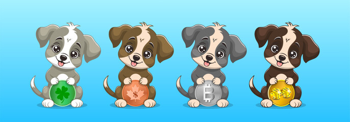 Vector collection of cartoon lucky sitting cute funny smiling puppies with coins. Green four-leaf clover, bronze Canadian dollar, silver bitcoin and gold dice. Set cuddly toon doggies stickers