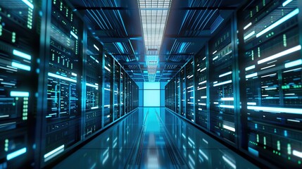 Fototapeta premium Data Center Server Room Background: High-Tech Infrastructure, Cooling Systems, and Networking Environments