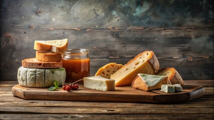 Artisan Cheese and Bread Selection on Rustic Wooden Board with Sweet Preserve