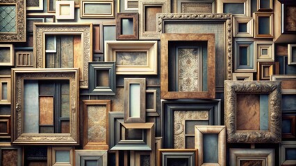 A Collection of Ornate and Antique Picture Frames in Various Sizes and Styles, Arranged in an Overlapping Pattern Creating a Rich Textural and Decorative Background