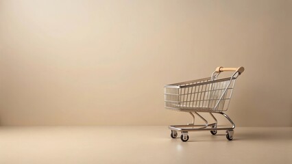Empty miniature shopping cart on neutral background, symbolizing potential, opportunity, and consumerism
