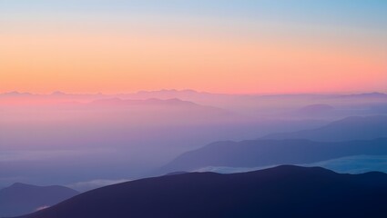Obraz premium Five Snow-Covered Trees Along a StraightSoft Pink and Blue Sunset Over Serene Mountain Landscape