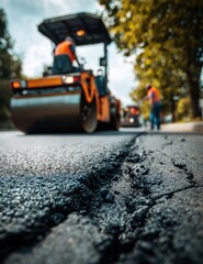 Road paving featuring an asphalt crack in focus with construction machinery in the blurred background