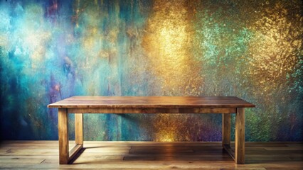 Empty wooden table against a vibrant textured wall in a room with hardwood floors