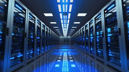 Fototapeta premium Data Center Server Room Background: High-Tech Infrastructure, Cooling Systems, and Networking Environments