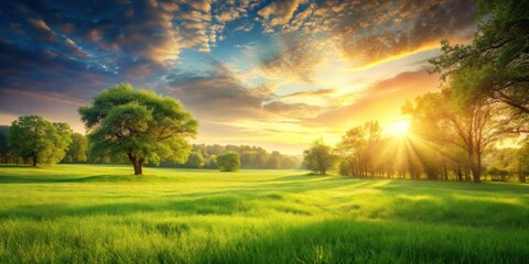 Serene Sunset Over Lush Meadow with Majestic Trees and Golden Rays of Sunlight Illuminating the Landscape