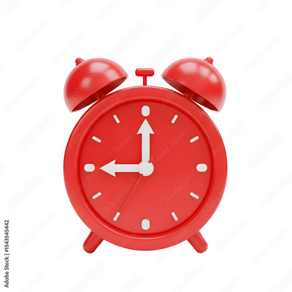 Poster red alarm clock with a transparent background showing the time at nine o'clock. the clock is a 3d re