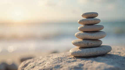 Zen Stones at the Shore: A serene tower of balanced stones stands poised against the blurred backdrop of the ocean and sky, evoking a sense of peace and harmony.
