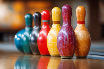 Colorful bowling pins lined up on the floor in front of one another