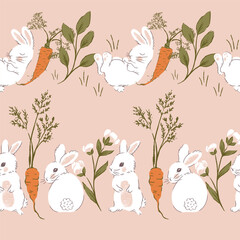 Cute Rabbits and Carrots Vector Seamless Pattern