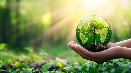 Hands Holding Earth Globe with Tree Sprout Growing, Environmental Awareness Concept