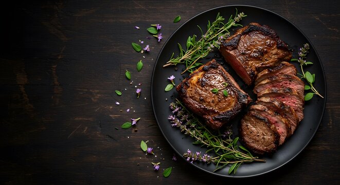 Flat lay of grilled Kalahari game meat with wild herbs, plate placed at upper right third with rustic dark mood background 3