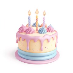 Adorable pastel colored 3D style illustration of birthday cake with creamy details and lit candles. Ideal for holiday icons, party invitations and digital stickers