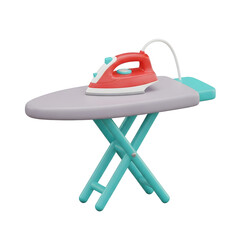 A 3D rendered image featuring a red iron on a grey ironing board with turquoise legs against a transparent background.