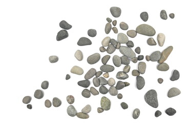 Decorative sea ​​pebbles pile isolated on white background, top view