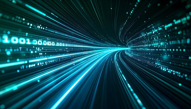 Digital transformation background with abstract data streams, binary code patterns, and blurred depth of field, in teal and black