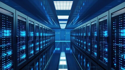 Obraz premium Data Center Server Room Background: High-Tech Infrastructure, Cooling Systems, and Networking Environments