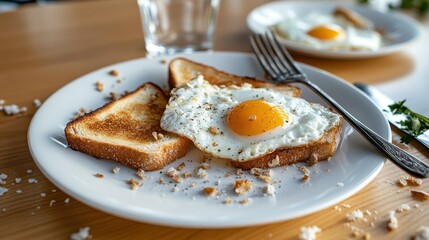 A delectable close-up of a fried egg served atop golden toast, creating a warm and inviting morning breakfast scene that captures the essence of comfort food.