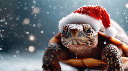 A whimsical turtle wearing a Santa hat amidst a snowy backdrop brings joy and holiday spirit, perfect for festive decorations and fun seasonal imagery.