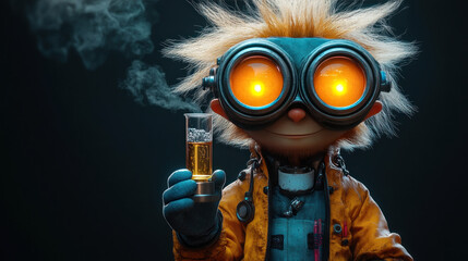 Animated cartoon scientist, holding beaker, glowing eyes