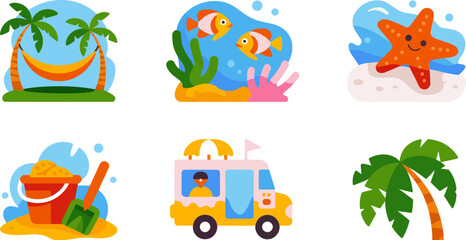 Obraz premium Smooth summer icons with jungle hammock starfish pool float van umbrella and palm tree combination 