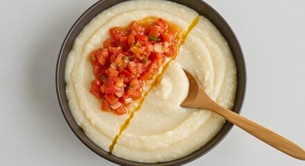 Top view of Pap (maize porridge) served with tomato and onion relish, spoon placed diagonally across thirds (top view) 1