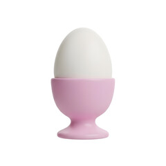 A white egg in a pink egg cup against a transparent background, isolated and clean. The egg is centered, showcasing the simplicity and elegance of the composition.
