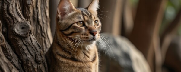 a cat sitting in a tree with its eyes closed, seemingly enjoying the sunshine filtering through the leaves. the cat is looking towards the camera, adding a sense of interaction with the viewer