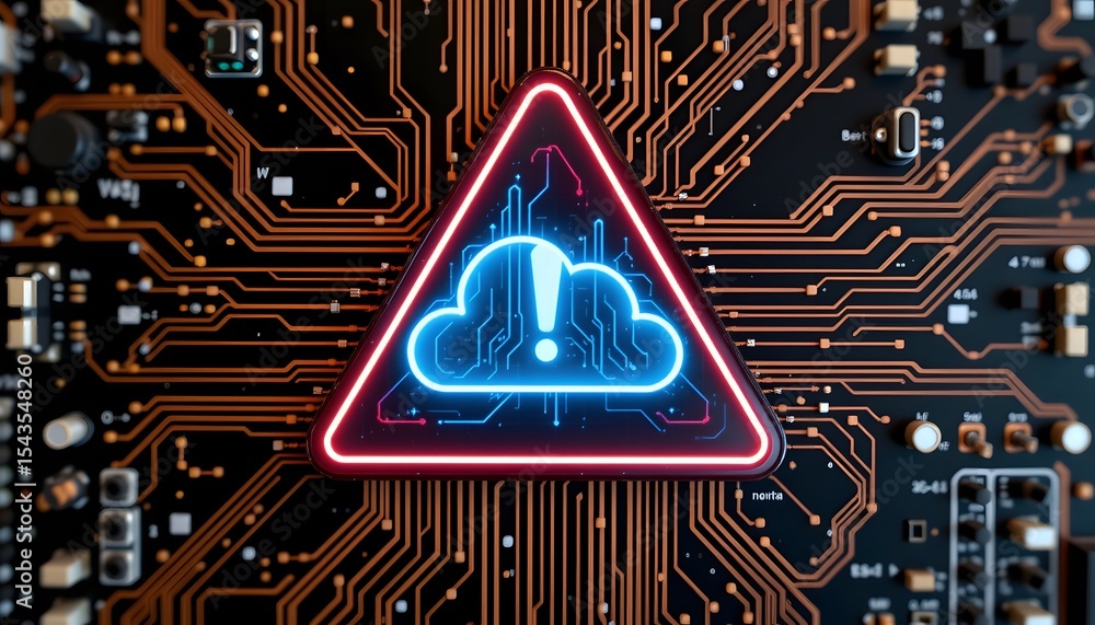 Aufkleber cloud data security risk: a high-tech neon warning sign of a data breach, highlighted over a detaile