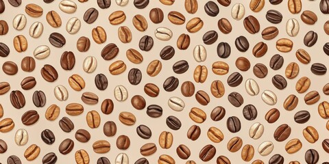 A delightful pattern of roasted coffee beans, showcasing a variety of rich brown hues and subtle color variations, scattered across a creamy beige background.