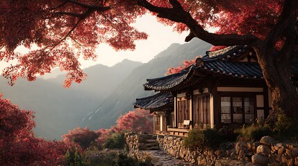 Obraz premium Korean Hanok House in Autumn Landscape With Red Leaves and Mountain View