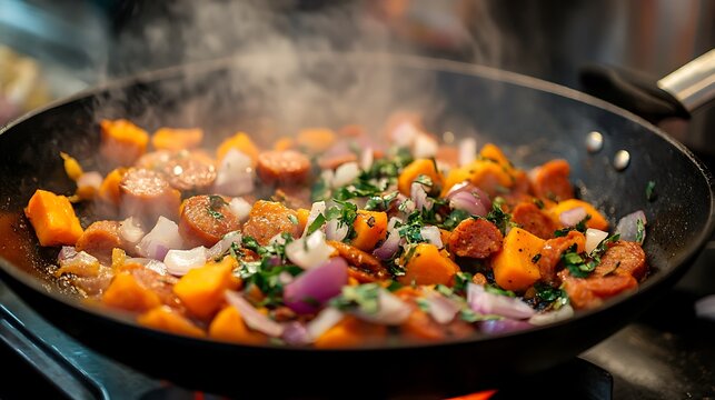 Pan of chorizo sausage sweet potatoc arrot onion and herbs cooking