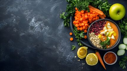 Vibrant fresh vegetable and fruit soup ingredients with carrots, s, lemons, herbs, and spices arranged on a textured dark background for healthy cooking