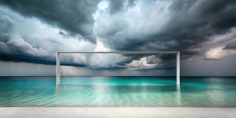 Obraz premium Serene Coastal Vista Framed by Minimalist Structure Under a Dramatic Sky