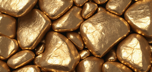 Abstract background. Gold rocks are all different shaped. Golden coated rocks are arranged together in a pattern.