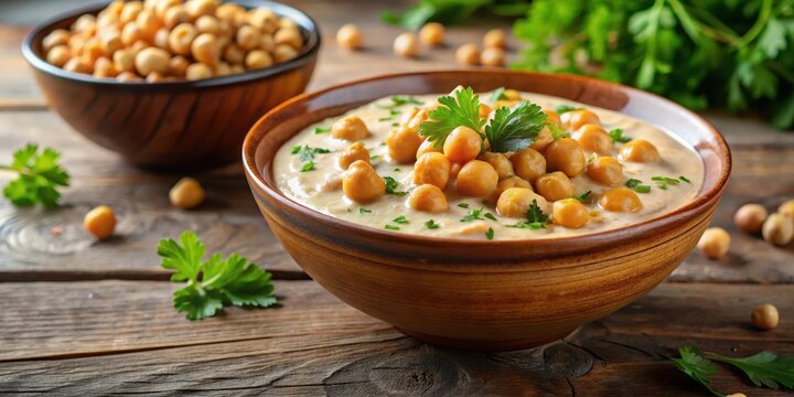 A bowl of creamy chickpeas garnished with fresh coriander leaves and scattered cumin seeds, healthy snack, Middle Eastern food