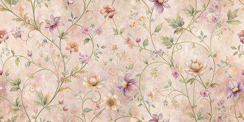 Distressed floral wallpaper with intricate vines and blooming flowers in shades of pastel pink, lavender, and peach, with subtle texture and aged patina, floral pattern, botanical