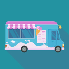 Side view of a blue and pink ice cream truck in flat design style on blue background with long shadow