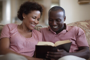 A happy senior African American couple reading together at home, sitting on the couch with an open book in their hands and smiling as they read