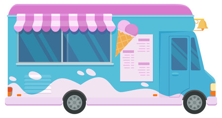 Side view of a blue and pink ice cream truck in flat design style (cut out)