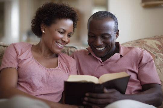A happy senior African American couple reading together at home, sitting on the couch with an open book in their hands and smiling as they read